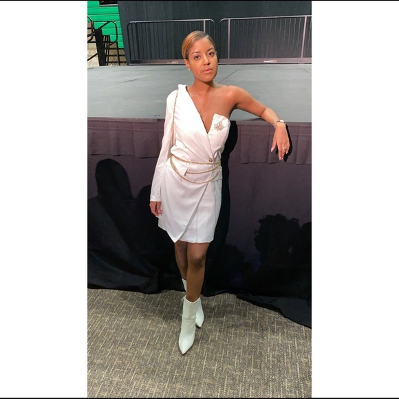 one shoulder white blazer dress